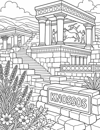 Detailed coloring page of Palace of Knossos and Minoan bull-leaping motif featuring Knossos sign