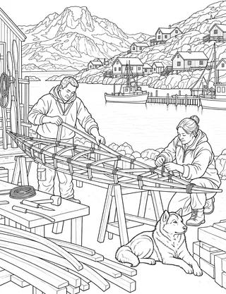 Detailed coloring page of Sisimiut qajaq workshop