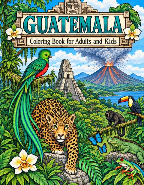 Guatemala Coloring Book for Adults cover illustration by Louisa May Carson