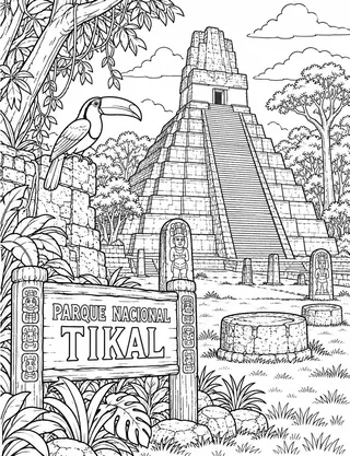 Detailed coloring page of Tikal Temple I and Grand Plaza featuring Parque Nacional Tikal sign