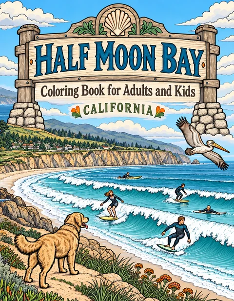 Half Moon Bay Coloring Book for Adults cover illustration by Louisa May Carson