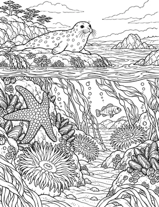 Detailed coloring page of Fitzgerald Marine Reserve tide pools