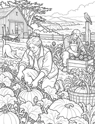 Detailed coloring page of Pumpkin and artichoke farm harvest