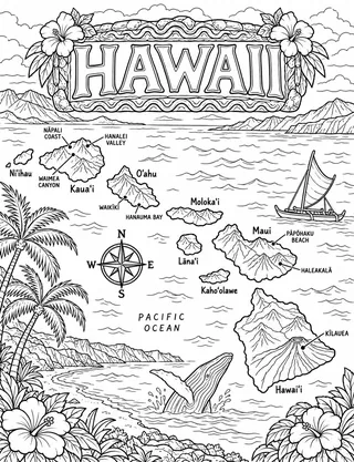 Illustrated travel map of Hawaii landmarks and attractions