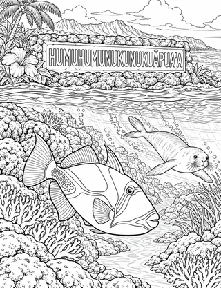 Detailed coloring page of Humuhumunukunukuapuaa State Fish Reef