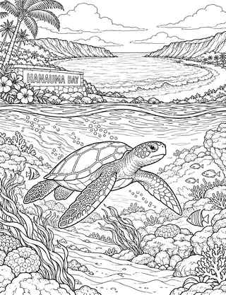 Detailed coloring page of Hanauma Bay Reef Cross Section featuring Hanauma Bay sign