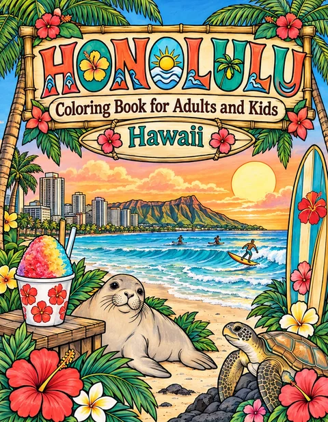 Honolulu Coloring Book for Adults cover illustration by Louisa May Carson