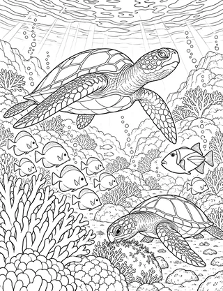 Detailed coloring page of Hanauma Bay coral reef sea turtle