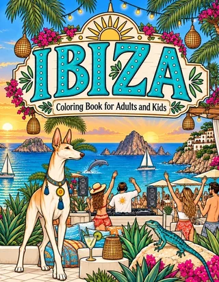 Ibiza Coloring Book for Adults cover illustration by Louisa May Carson