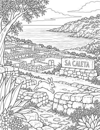 Detailed coloring page of Sa Caleta Phoenician Settlement featuring Sa Caleta sign