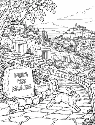 Detailed coloring page of Puig des Molins Heritage Site featuring Puig Des Molins sign