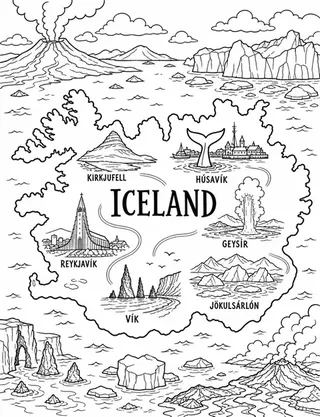 Illustrated travel map of Iceland landmarks and attractions