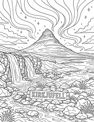 Kirkjufell Iceland coloring page with detailed line art
