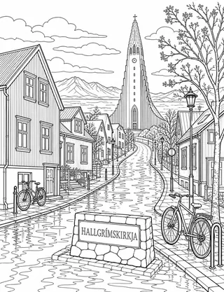 Detailed coloring page of Reykjavík and Hallgrímskirkja streetscape featuring Hallgrímskirkja sign