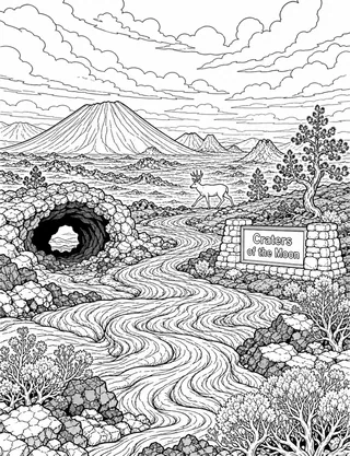 Detailed coloring page of Craters of the Moon lava fields featuring Craters of the Moon sign