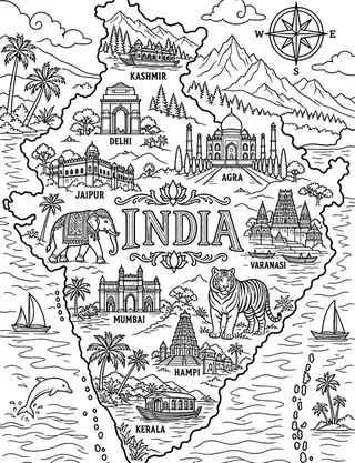 Illustrated travel map of India landmarks and attractions