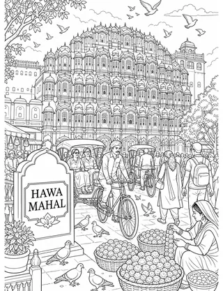 Detailed coloring page of Jaipur Palace Street featuring Hawa Mahal sign