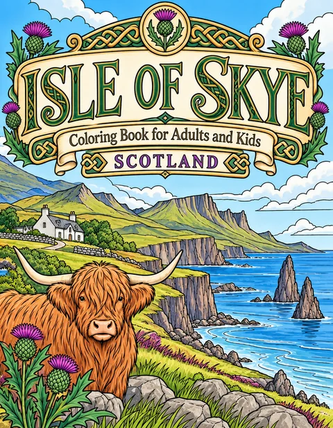 Isle of Skye Coloring Book for Adults cover illustration by Louisa May Carson