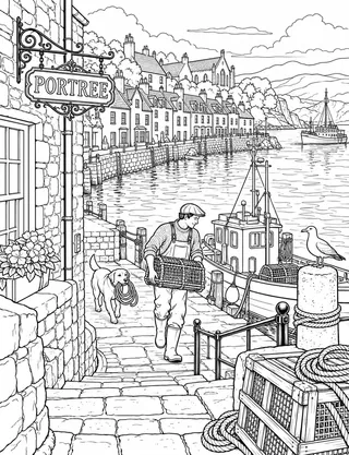Detailed colouring page of Portree Harbour