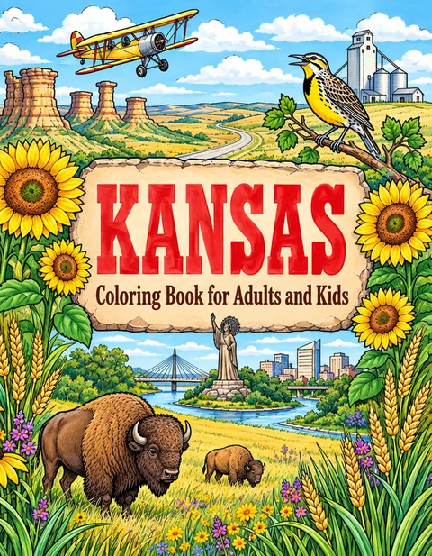 Kansas Coloring Book for Adults cover illustration by Louisa May Carson