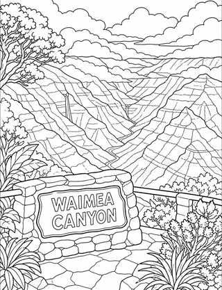 Detailed coloring page of Waimea Canyon overlook with layered walls featuring Waimea Canyon sign