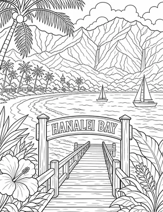 Detailed coloring page of Hanalei Bay from its pier with surf featuring Hanalei Bay sign