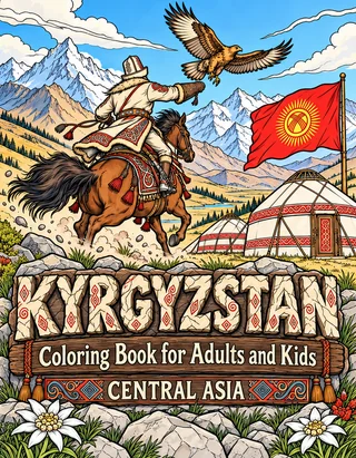 Kyrgyzstan Coloring Book for Adults cover illustration by Louisa May Carson