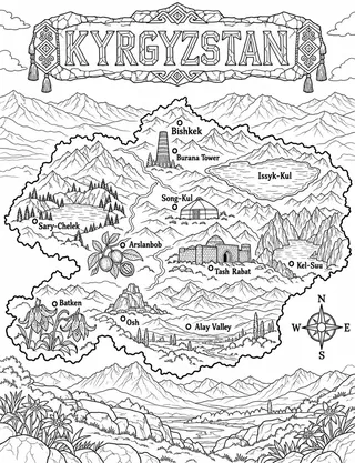 Illustrated travel map of Kyrgyzstan landmarks and attractions