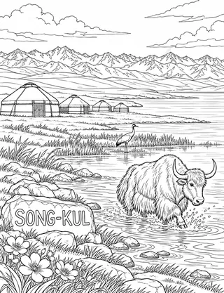Detailed coloring page of Song-Kul High Pasture and Yurt Shore