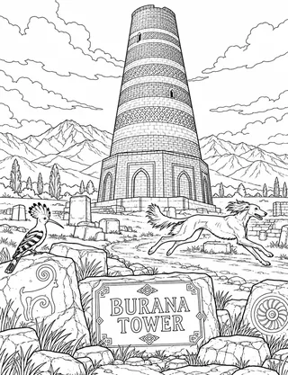 Detailed coloring page of Burana Tower Low-Angle Silk Road View featuring Burana Tower sign