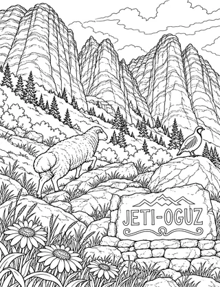 Detailed coloring page of Jeti-Oguz Seven Bulls Cliffs featuring Jeti-Oguz sign