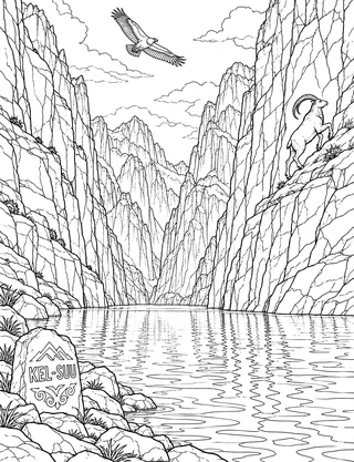 Detailed coloring page of Kel-Suu Canyon Lake featuring Kel-Suu sign