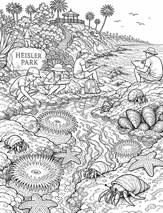 Detailed coloring page of Tide pools and cliffside path at Heisler Park with marine life in context featuring Heisler Park sign