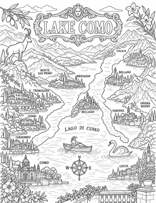 Illustrated travel map of Lake Como landmarks and attractions