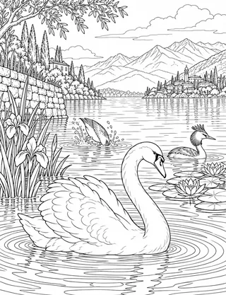 Detailed coloring page of Mute Swans & Grebes on Lake Shore
