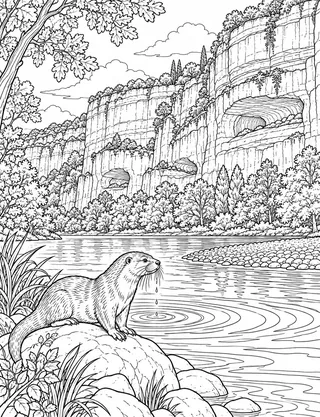 Detailed coloring page of Vézère River Limestone Cliffs & Riverbed
