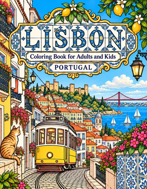 Lisbon Coloring Book for Adults cover illustration by Louisa May Carson