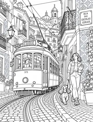 Detailed coloring page of Tram 28 Alfama Ascent