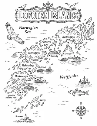 Illustrated travel map of Lofoten Islands landmarks and attractions