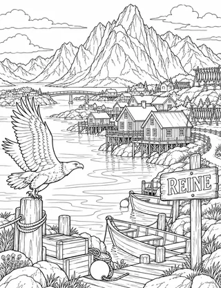 Detailed coloring page of Reine rorbu cabins and fjord landscape