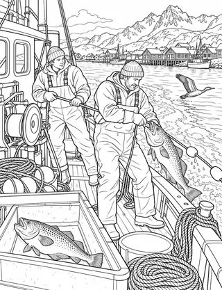 Detailed coloring page of traditional cod fishing boats in Ballstad Harbor