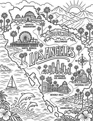 Illustrated travel map of Los Angeles landmarks and attractions