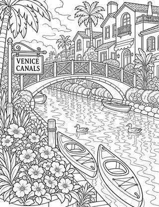Detailed coloring page of Venice Canal Footbridge featuring Venice Canals sign