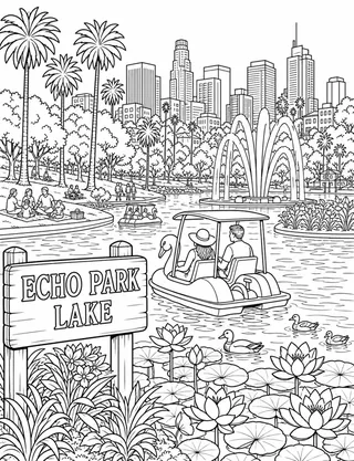 Echo Park Lake Los Angeles coloring page with detailed line art