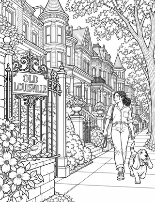 Detailed coloring page of Old Louisville Victorian Mansion Row