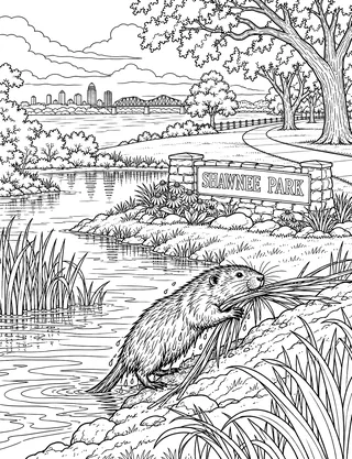 Detailed coloring page of Shawnee Park Riverwalk Backwater featuring Shawnee Park sign