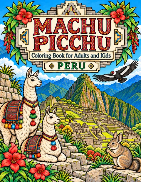 Machu Picchu Coloring Book for Adults cover illustration by Louisa May Carson