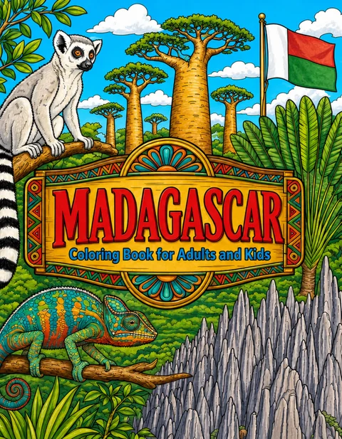 Madagascar Coloring Book for Adults cover illustration by Louisa May Carson