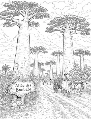 Detailed coloring page of Avenue of the Baobabs at sunset viewpoint featuring Allée des Baobabs sign