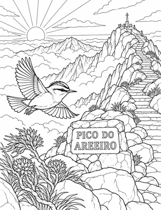 Detailed coloring page of Pico do Areeiro sunrise featuring Pico Do Areeiro sign